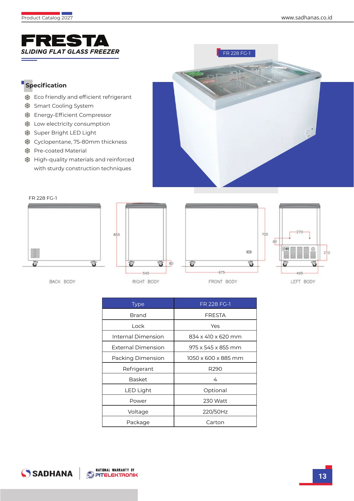 Specsheet Resmi Sliding Flat Glass Freezer FR 228 FG-1