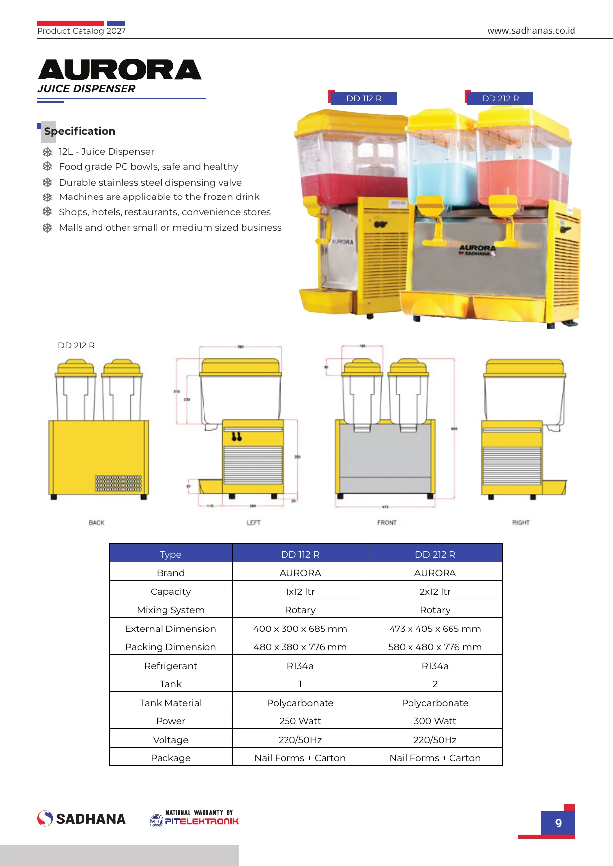 Specsheet Resmi Juice Dispenser DD 112 R / DD 212 R